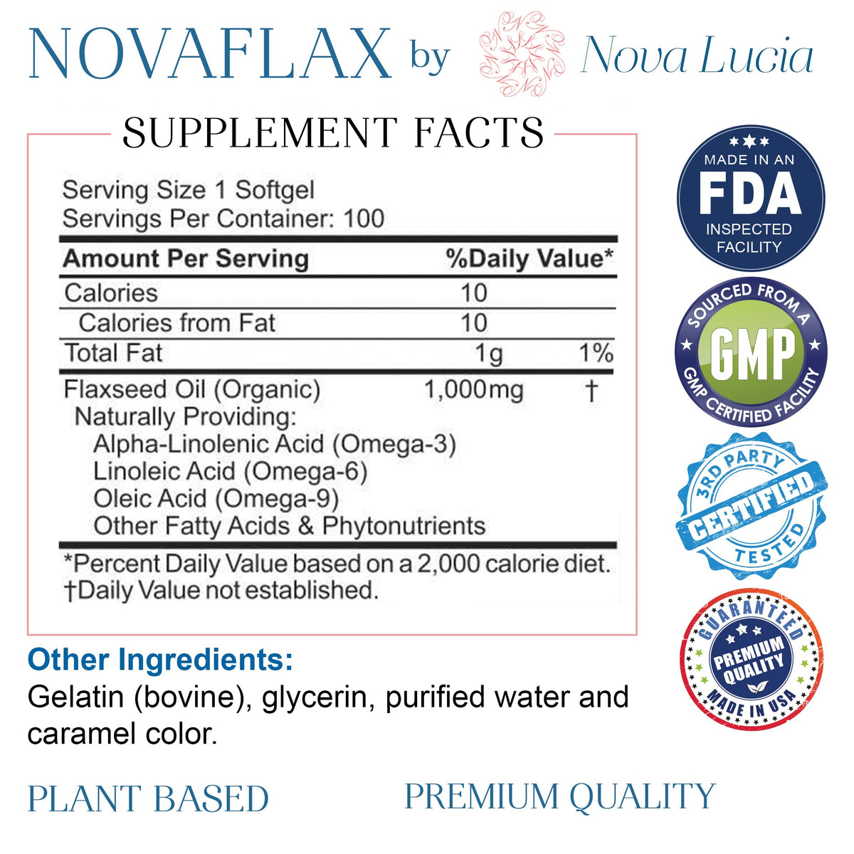 Nova Lucia Organic Flaxseed Oil 1000mg Omega 3 6 9 - 100 Softgels - image 3