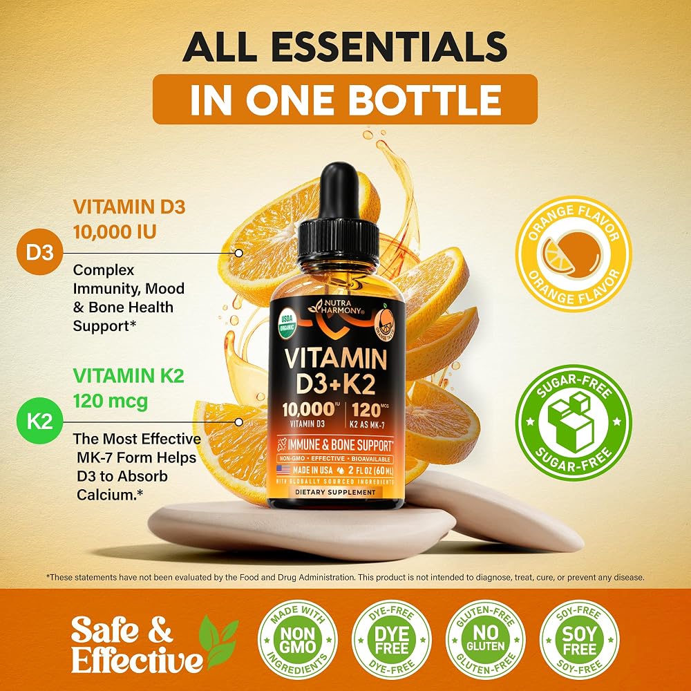 NUTRAHARMONY Vitamin D3 K2 USDA Organic Drops - Vitamin D3 10000 IU