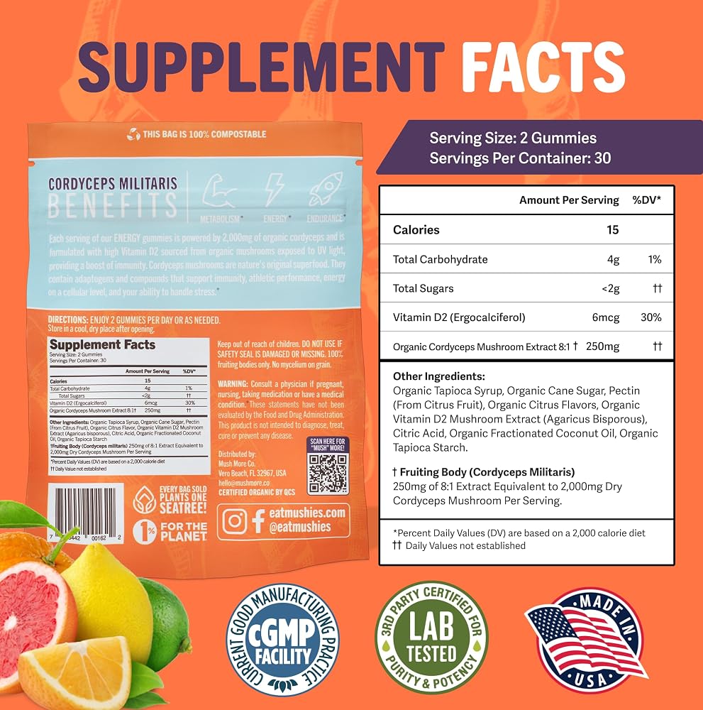 Mushie Cordyceps Mushroom Gummies 2000mg Energy Support - 60 Count - image 5