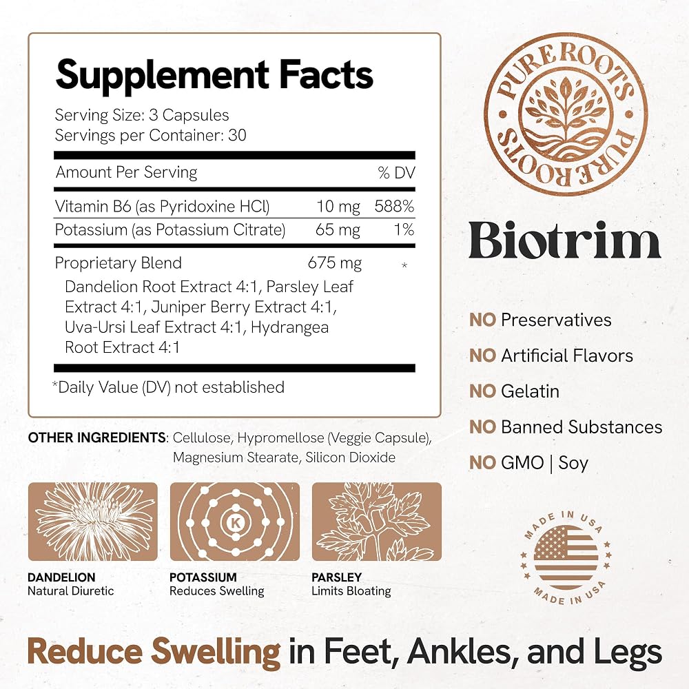PureRoots Biotrim Natural Diuretic Capsules for Water Retention - 90 Capsules - image 3