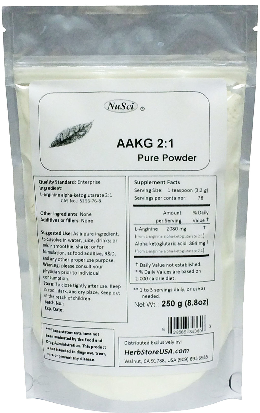 NuSci AAKG L-Arginine Alpha Ketoglutarate Powder - 250g