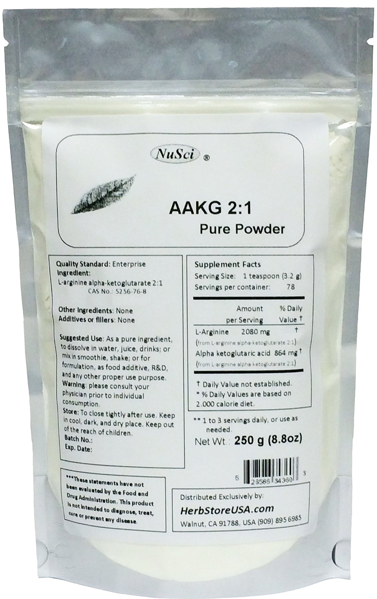 NuSci AAKG L-Arginine Alpha Ketoglutarate Powder - 250g