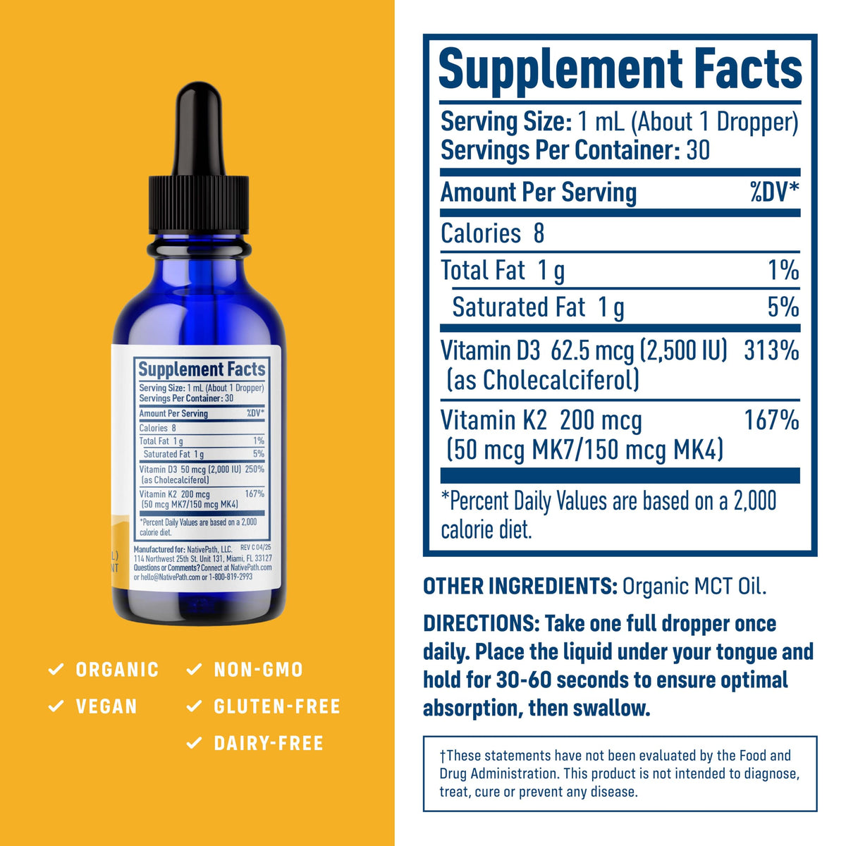 NativePath D3K2 Tincture Vitamin D3 & K2 - 1 Fl Oz - image 5