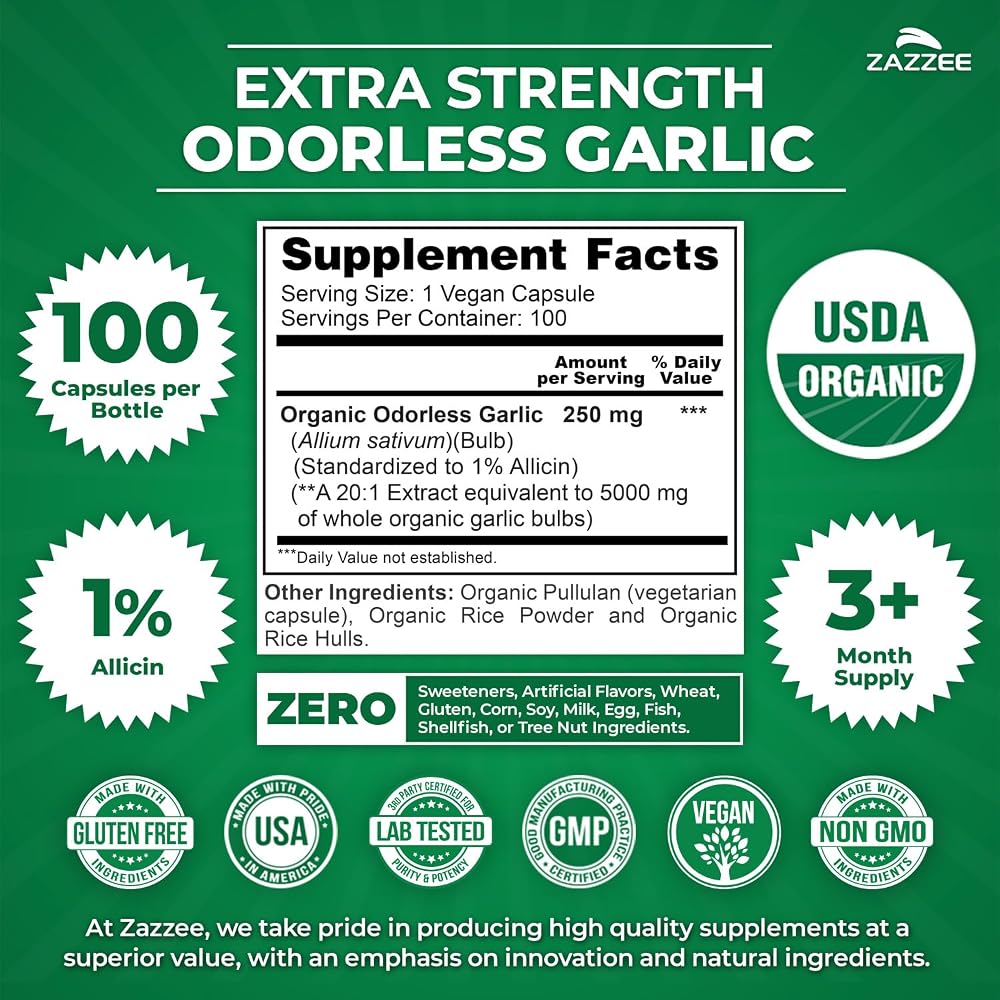 Zazzee USDA Organic Odorless Garlic 20:1 Extract