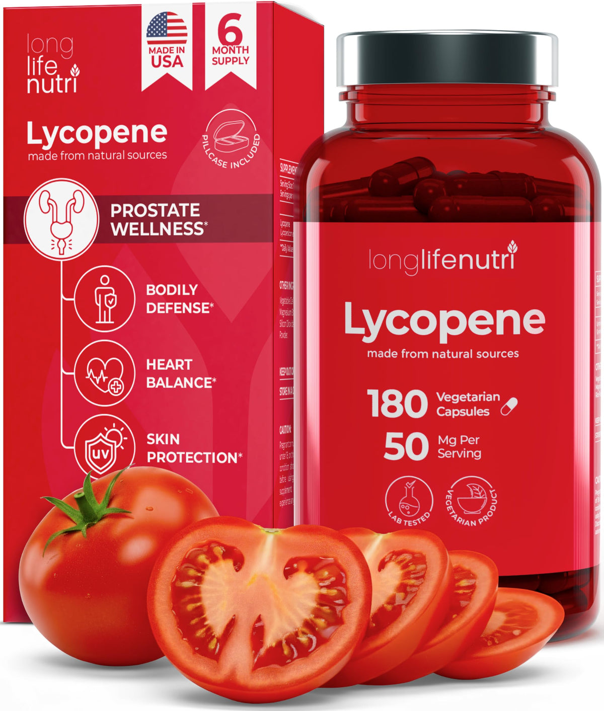 LongLifeNutri Lycopene 50mg Natural Tomato Extract - 180 Capsules