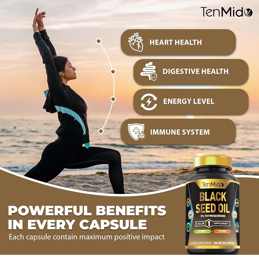 Tenmido Black Seed Oil Capsules with Vitamin C & E - 150 Softgels - image 5