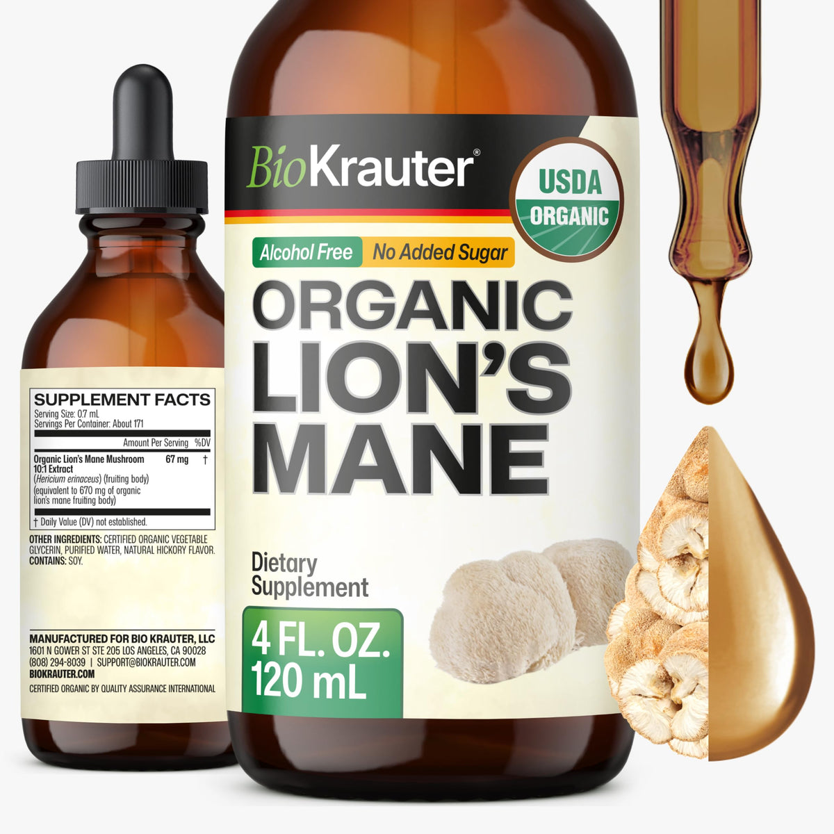 BIO KRAUTER Lion's Mane Mushroom Extract for Brain, Mood & Focus - 4 Fl Oz