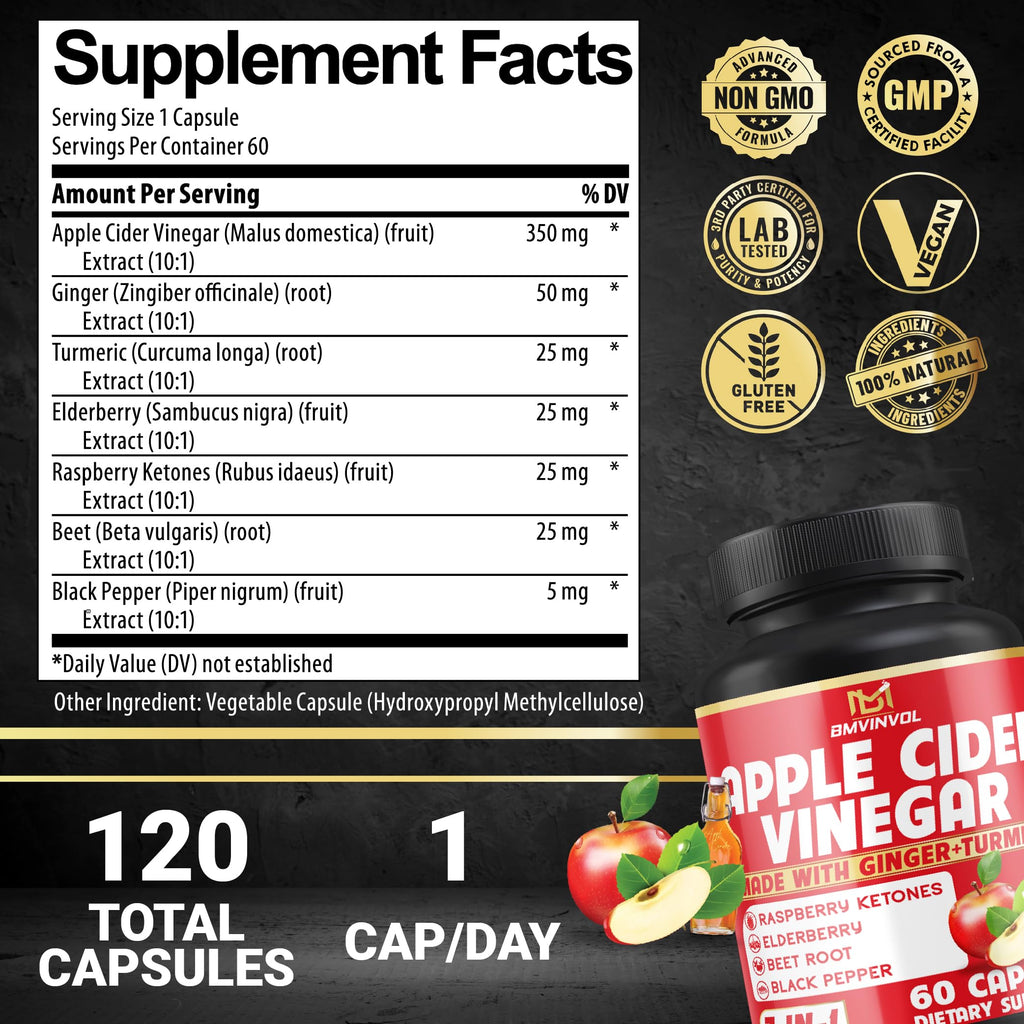 BMVINVOL Apple Cider Vinegar Capsules with Ginger & Turmeric - 120 Capsules - image 2