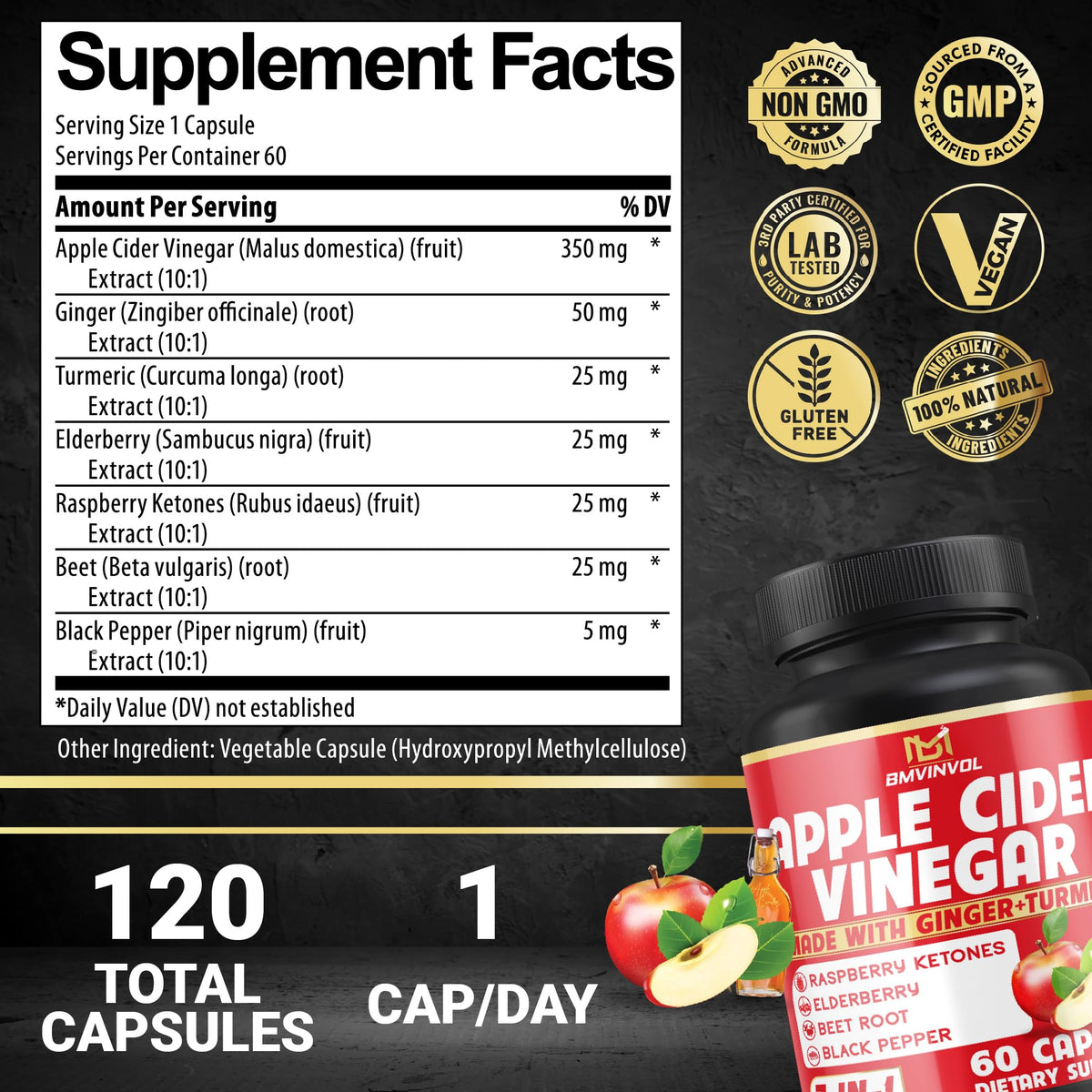 BMVINVOL Apple Cider Vinegar Capsules with Ginger & Turmeric - 120 Capsules - image 2