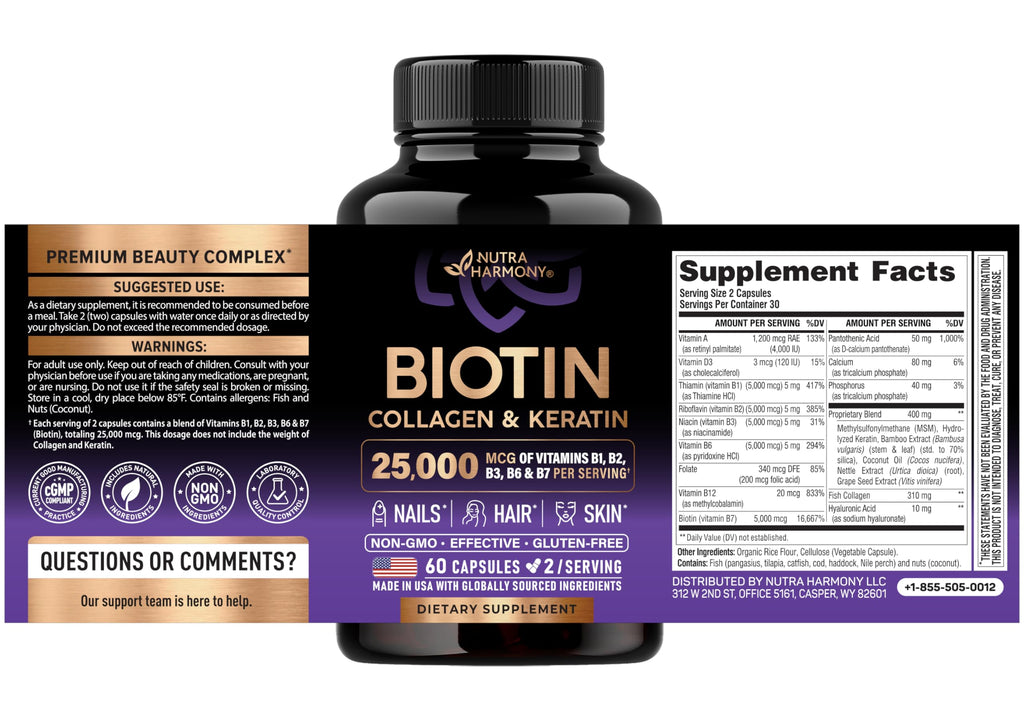 NUTRAHARMONY Biotin Collagen Keratin B-Complex - 60 Capsules - image 2