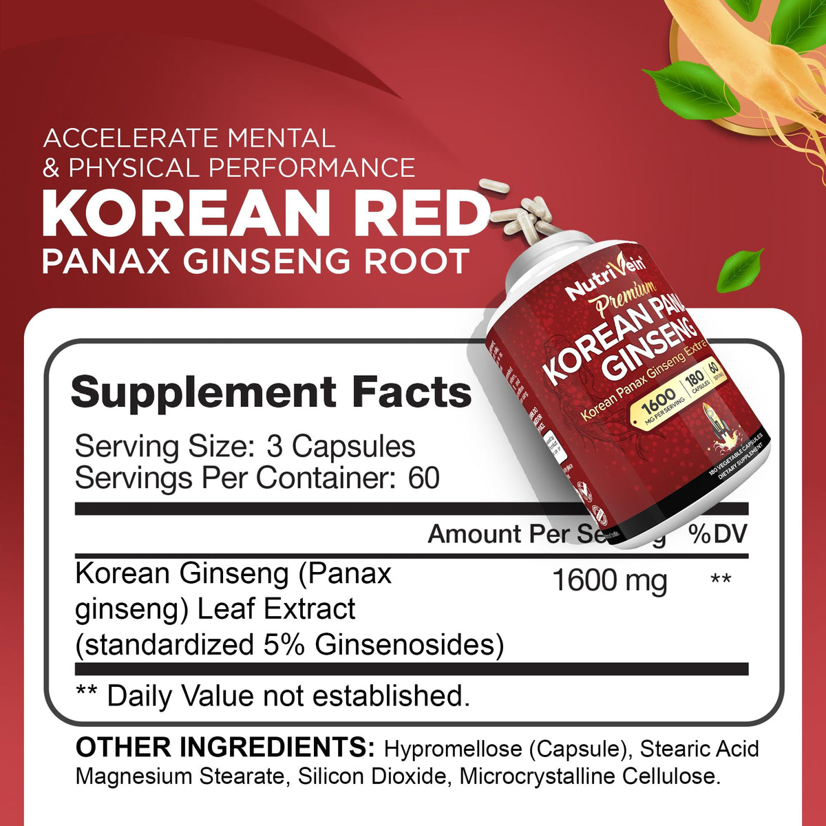Nutrivein Korean Red Panax Ginseng 1600 mg - 120 Capsules - image 2