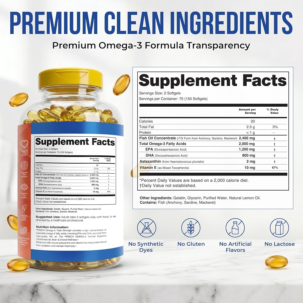 Presca Triple Strength Omega 3 Fish Oil 2400mg with Astaxanthin - 150 Softgels - image 6