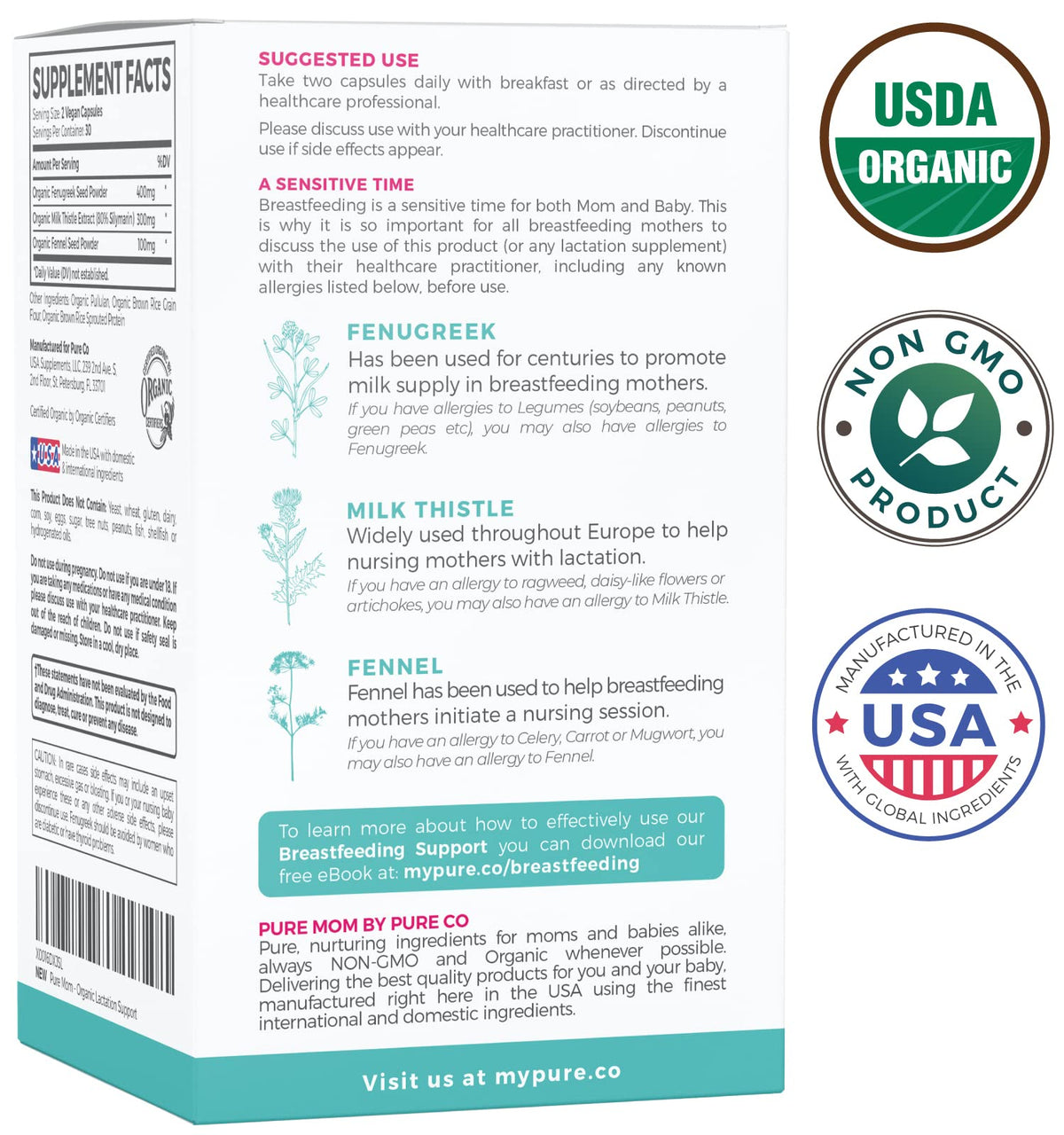 PURE CO Lactation Supplement with Fenugreek, Fennel & Milk Thistle - image 5
