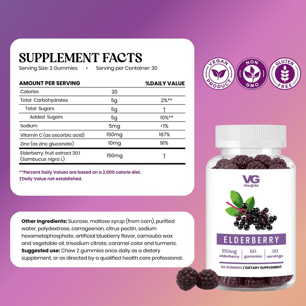 VITA GLOBE Elderberry Gummies with Vitamin C & Zinc - 60 Gummies - image 2