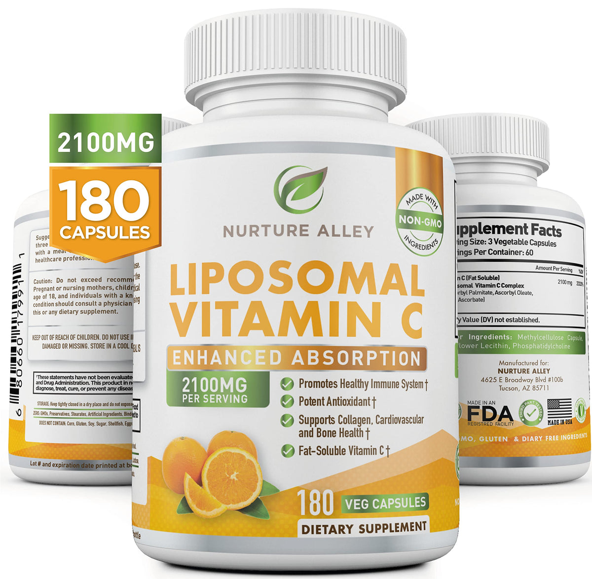 NURTURE ALLEY Liposomal Vitamin C 2100mg - 180 Vegetarian Capsules