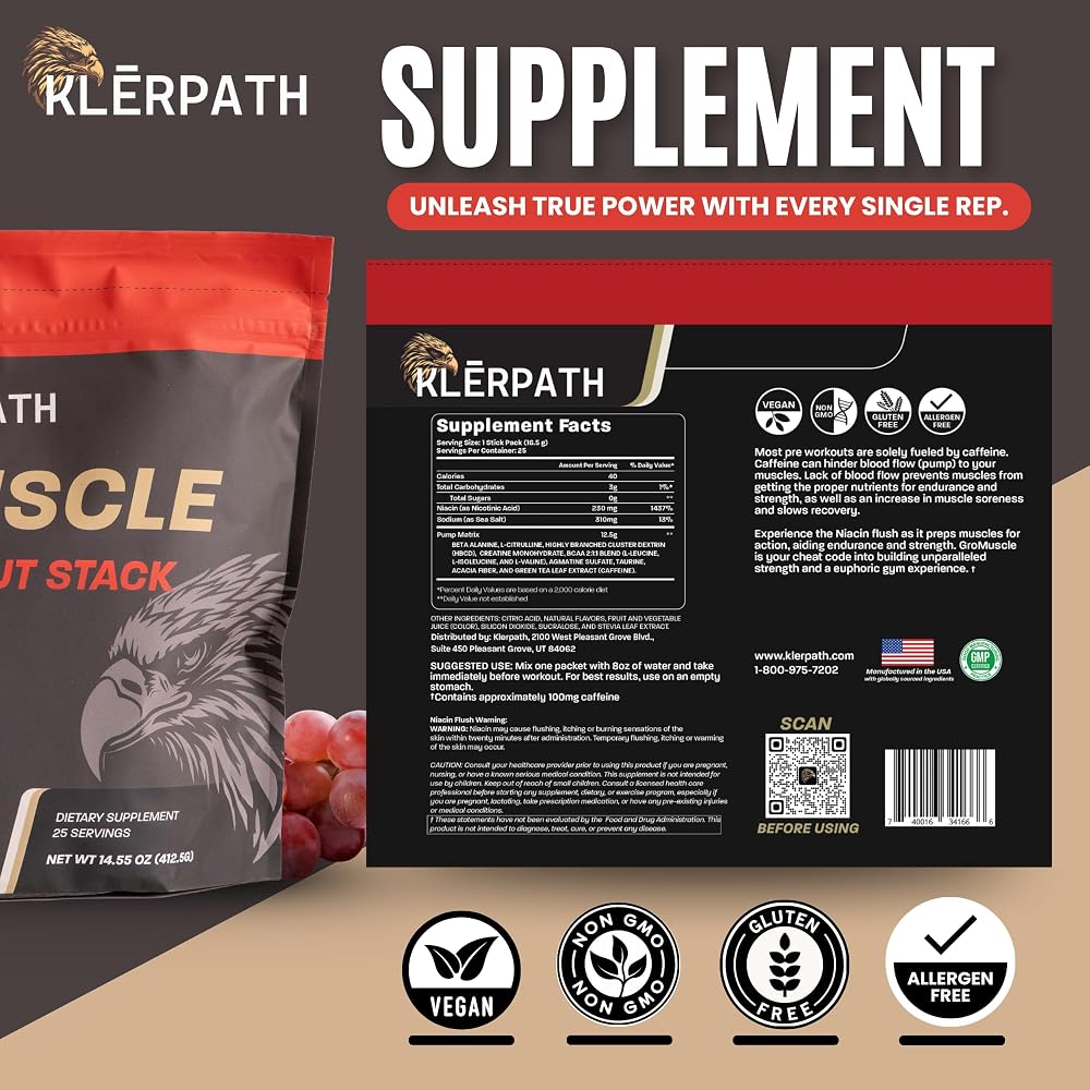 Klerpath GroMuscle Pre Workout Powder - 25 Stick Packs - image 4