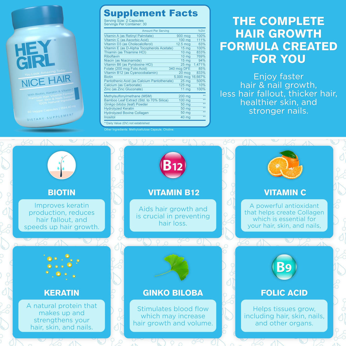 Hey Girl Tea Hair Vitamins with Biotin & Keratin - 60 Capsules - image 3