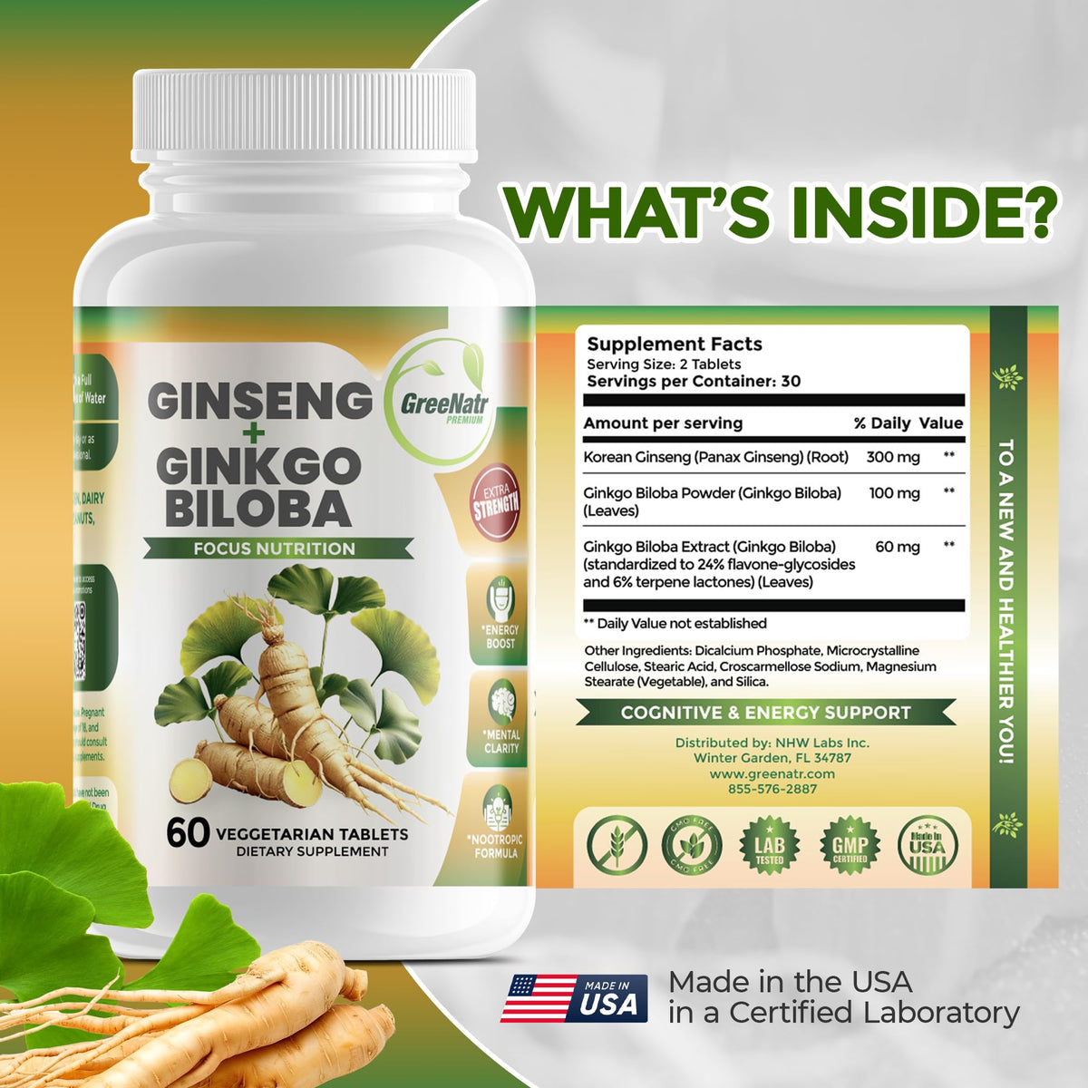GreeNatr Panax Ginseng + Ginkgo Biloba Tablets - Premium