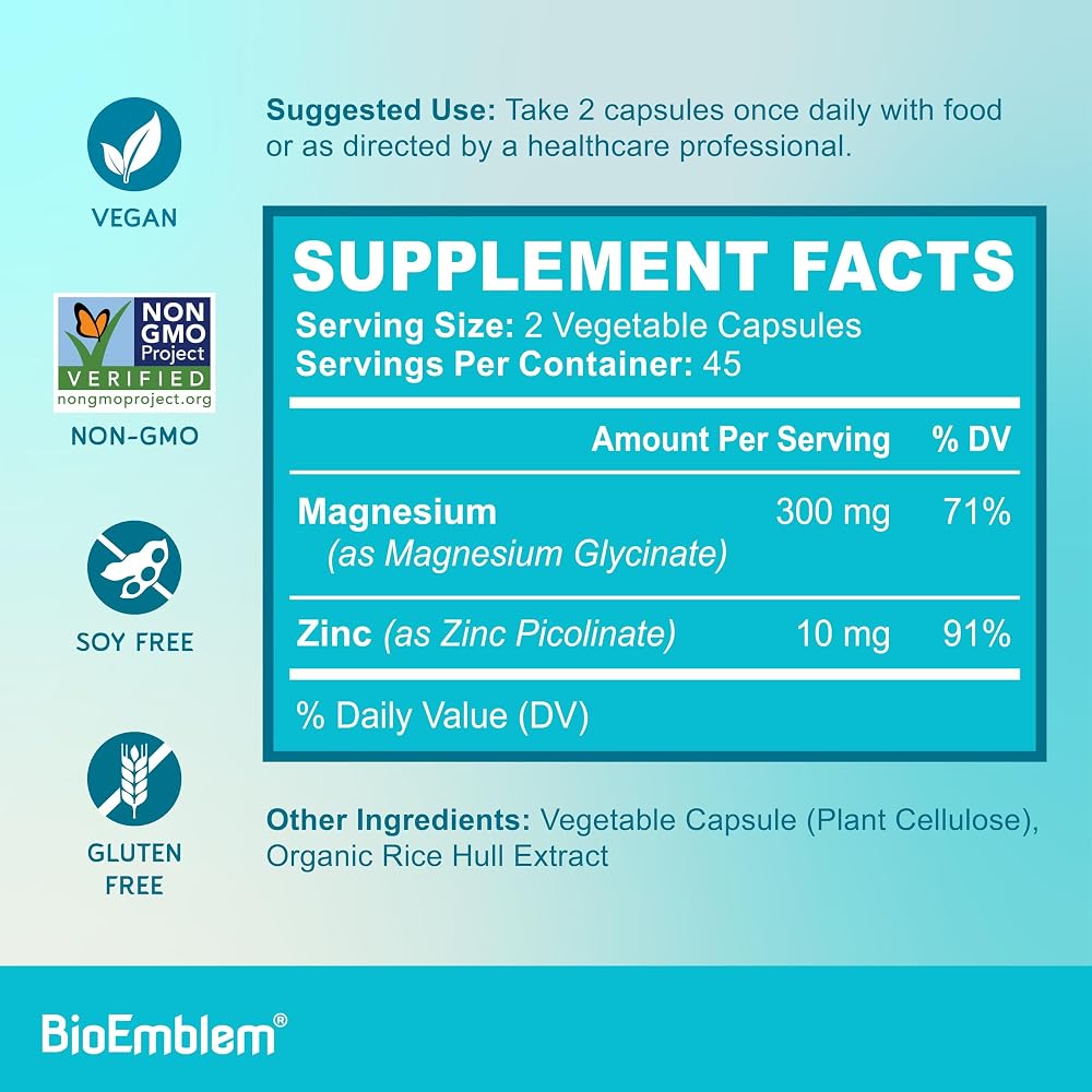 BioEmblem Magnesium Glycinate & Zinc 300mg - 90 Capsules - image 7