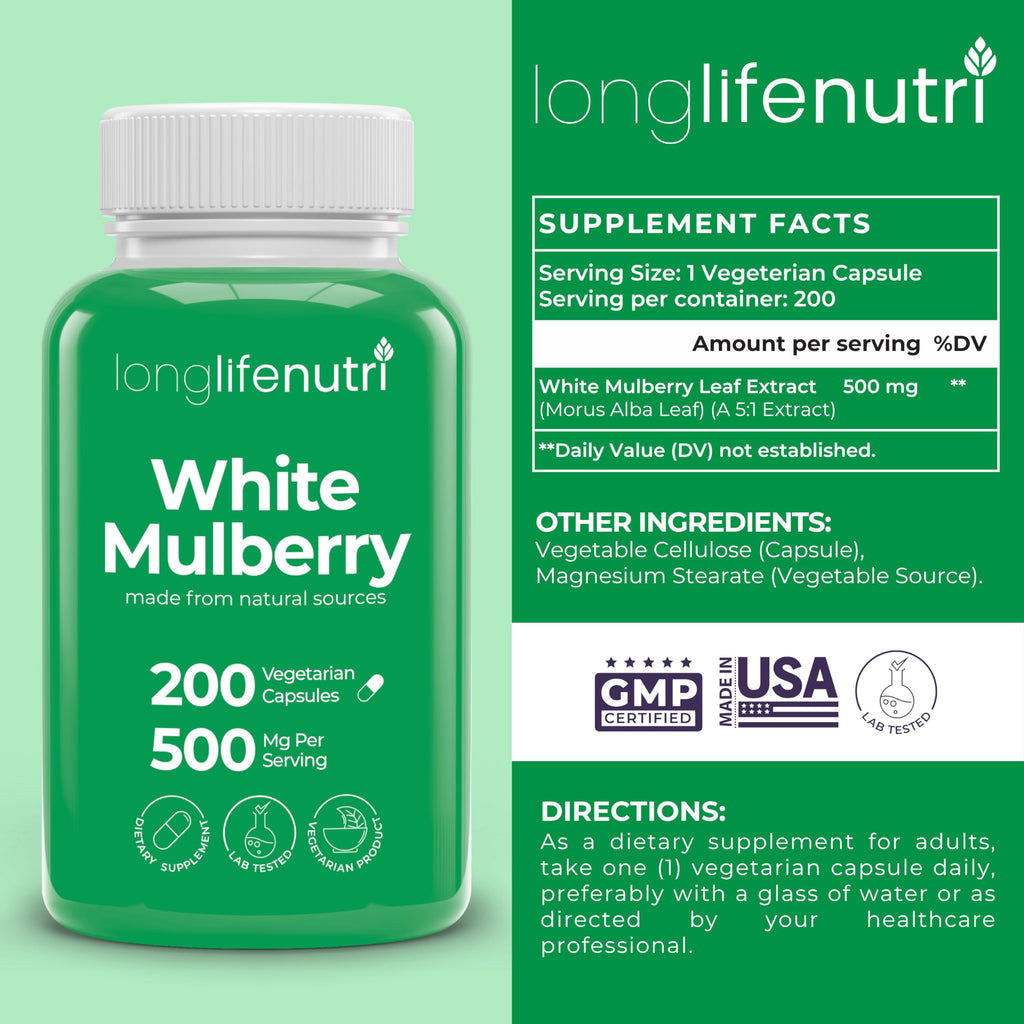 LongLifeNutri White Mulberry Leaf Extract 500mg - 200 Vegetarian Capsules - image 2
