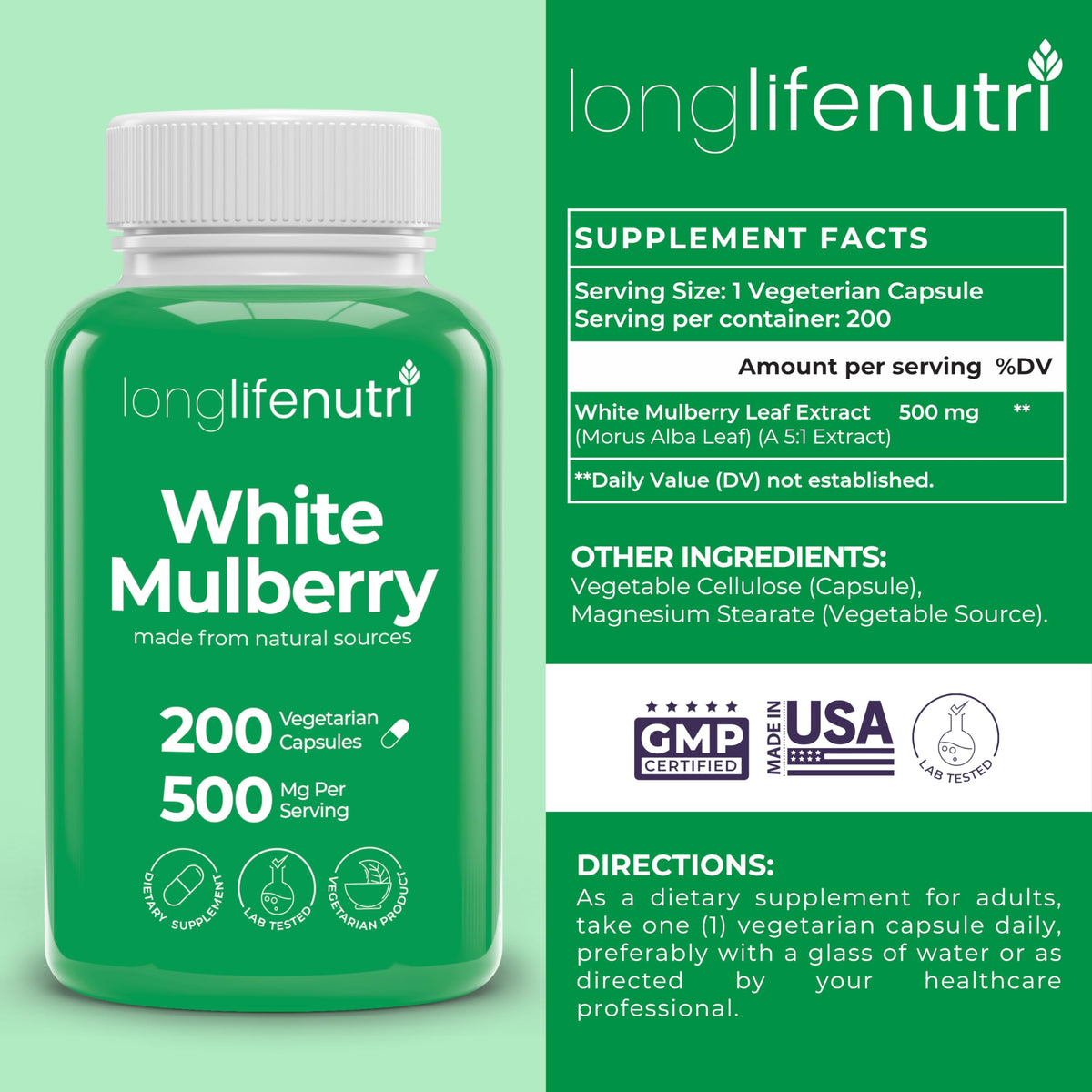 LongLifeNutri White Mulberry Leaf Extract 500mg - 200 Vegetarian Capsules - image 2
