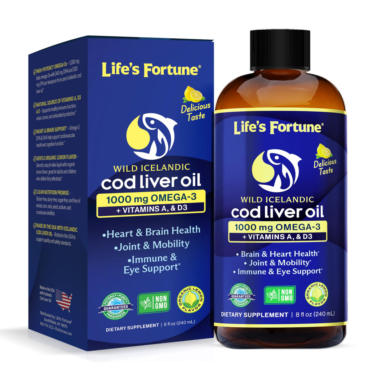 Life's Fortune Cod Liver Oil Liquid Lemon Flavor Organic Supplement