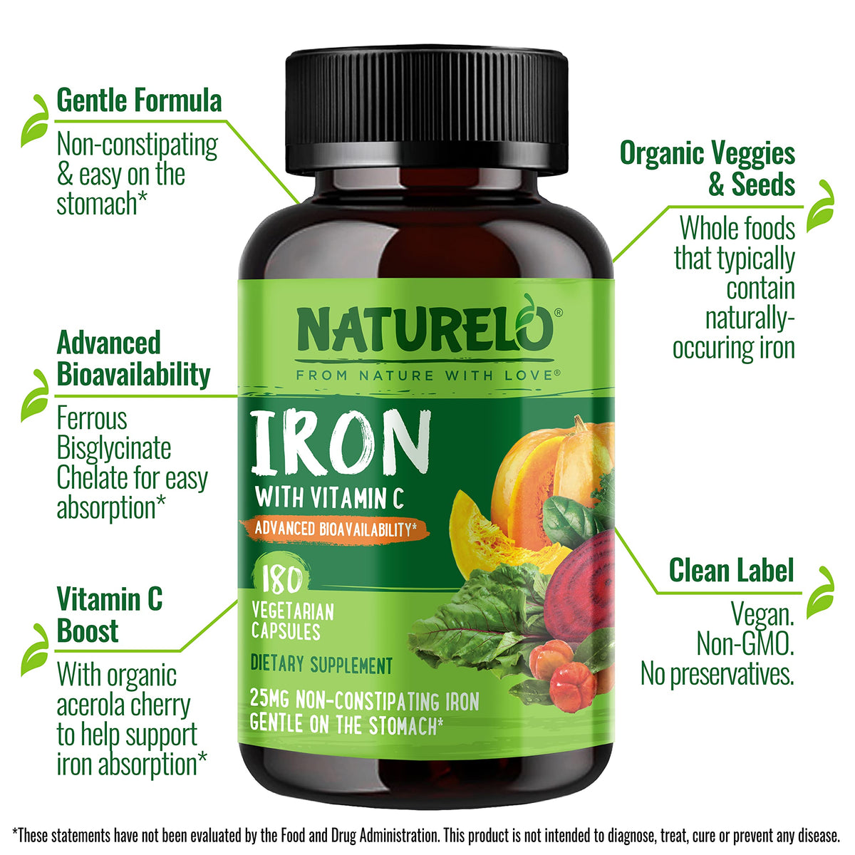 Naturelo Capsules iron 25Mg vitamin C gentle On The Stomach
