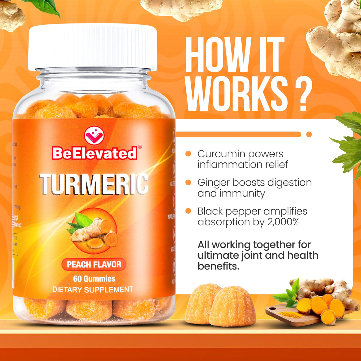 BeElevated Turmeric Gummies for Adults Peach Flavor