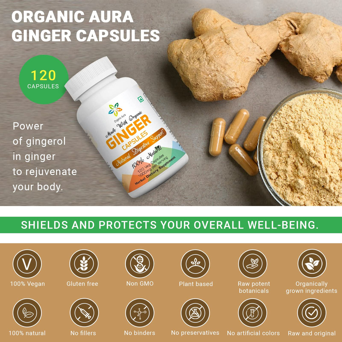 Organic Aura Ginger Capsules - 120 Vegetarian Capsules - image 3