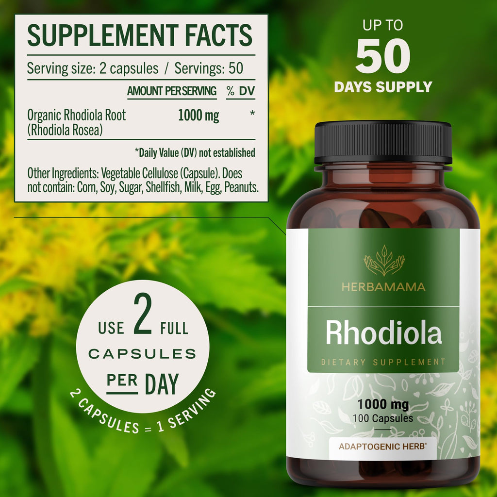 HERBAMAMA Rhodiola Rosea Supplement Stress Relief - 100 Capsules - image 3