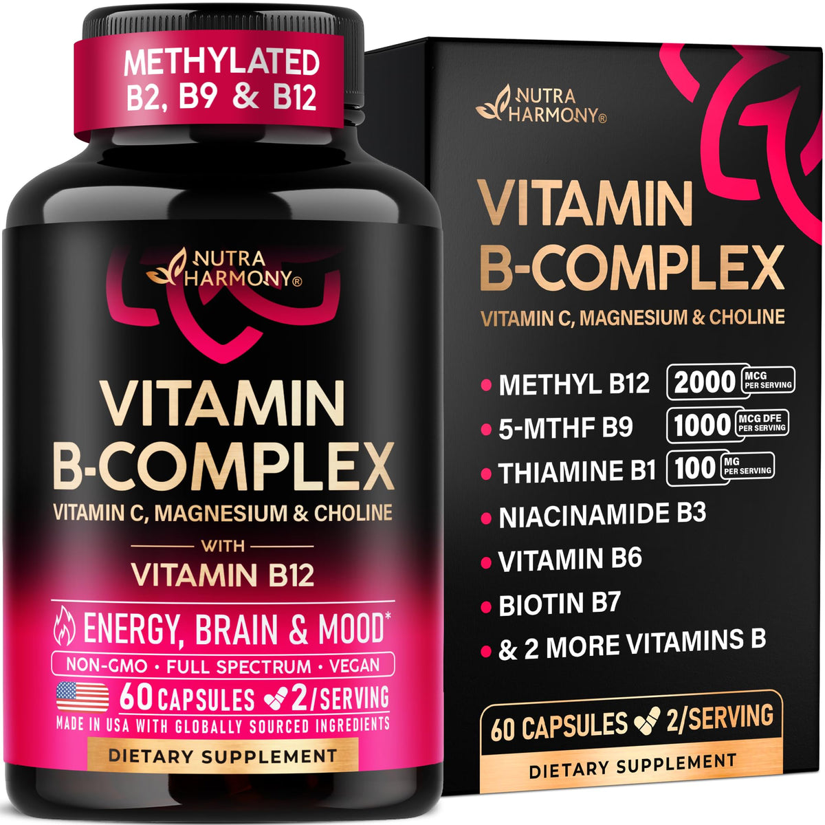 NUTRAHARMONY Vitamin B Complex for Energy & Stress Support - 60 Capsules
