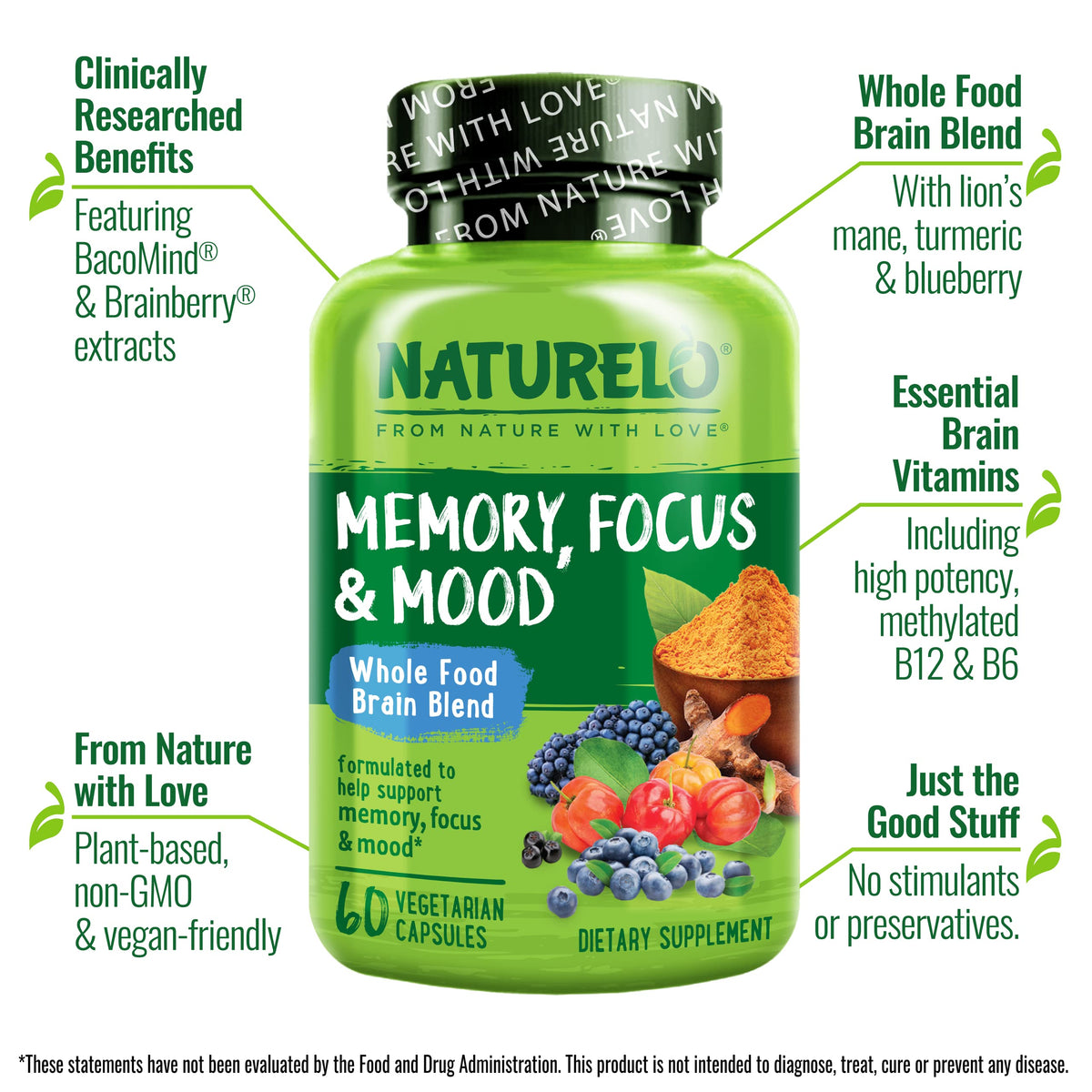 NATURELO Whole Food Brain Supplement for Focus Support - 60 Capsules - image 2