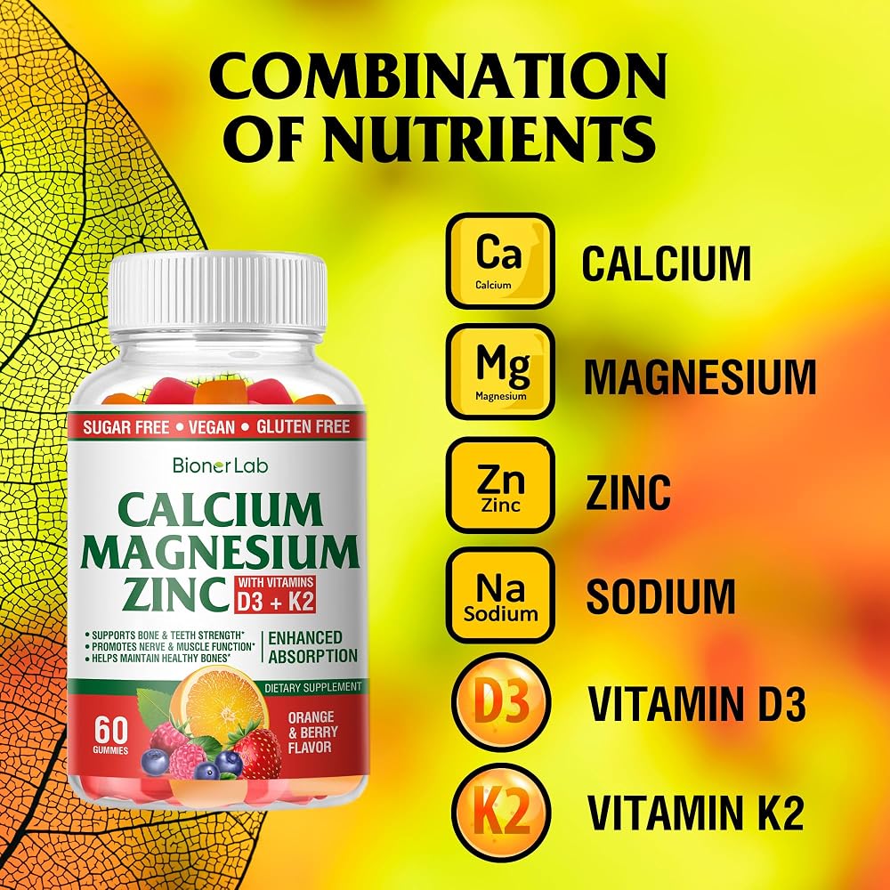 BionerLab Calcium Magnesium Zinc Gummies with Vitamin D3 & K2 - High