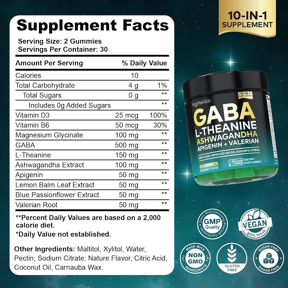 VEGETUSMAX GABA Gummies 500mg Sugar-Free Calm Gummies with L Theanine