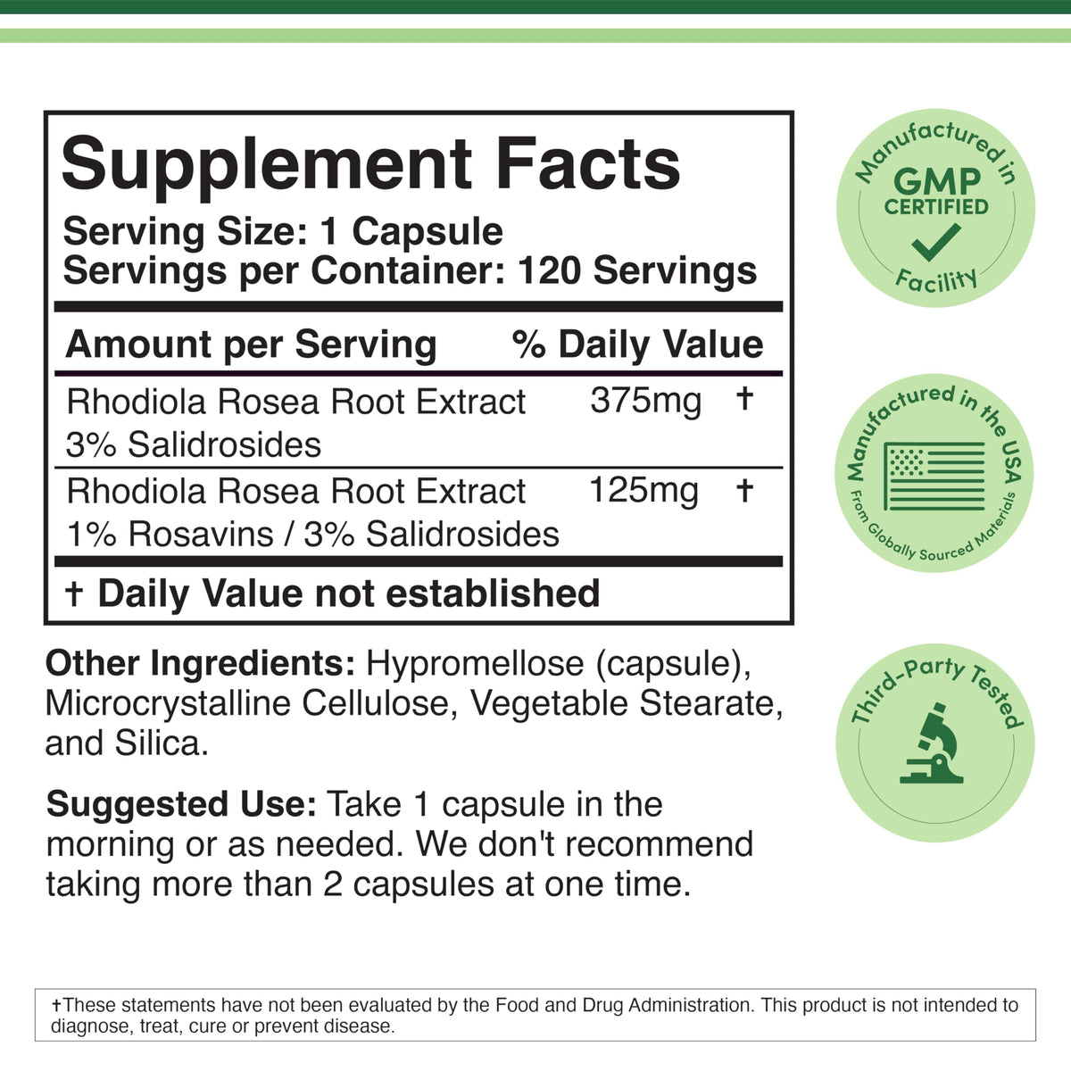 Double Wood Supplements Rhodiola Rosea Root Extract 500mg - 120 Capsules - image 2