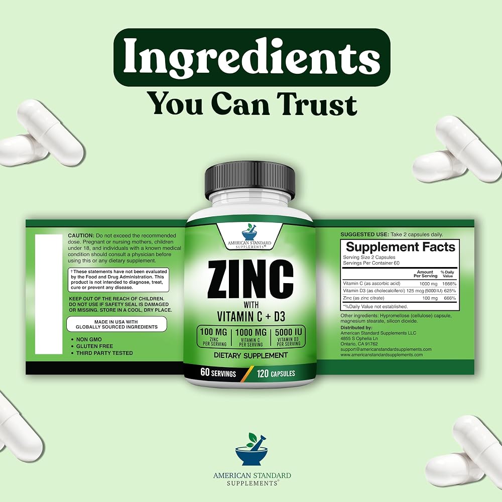 American Standard Supplements Zinc 100mg Vitamin C 1000mg - 120 Capsules - image 8