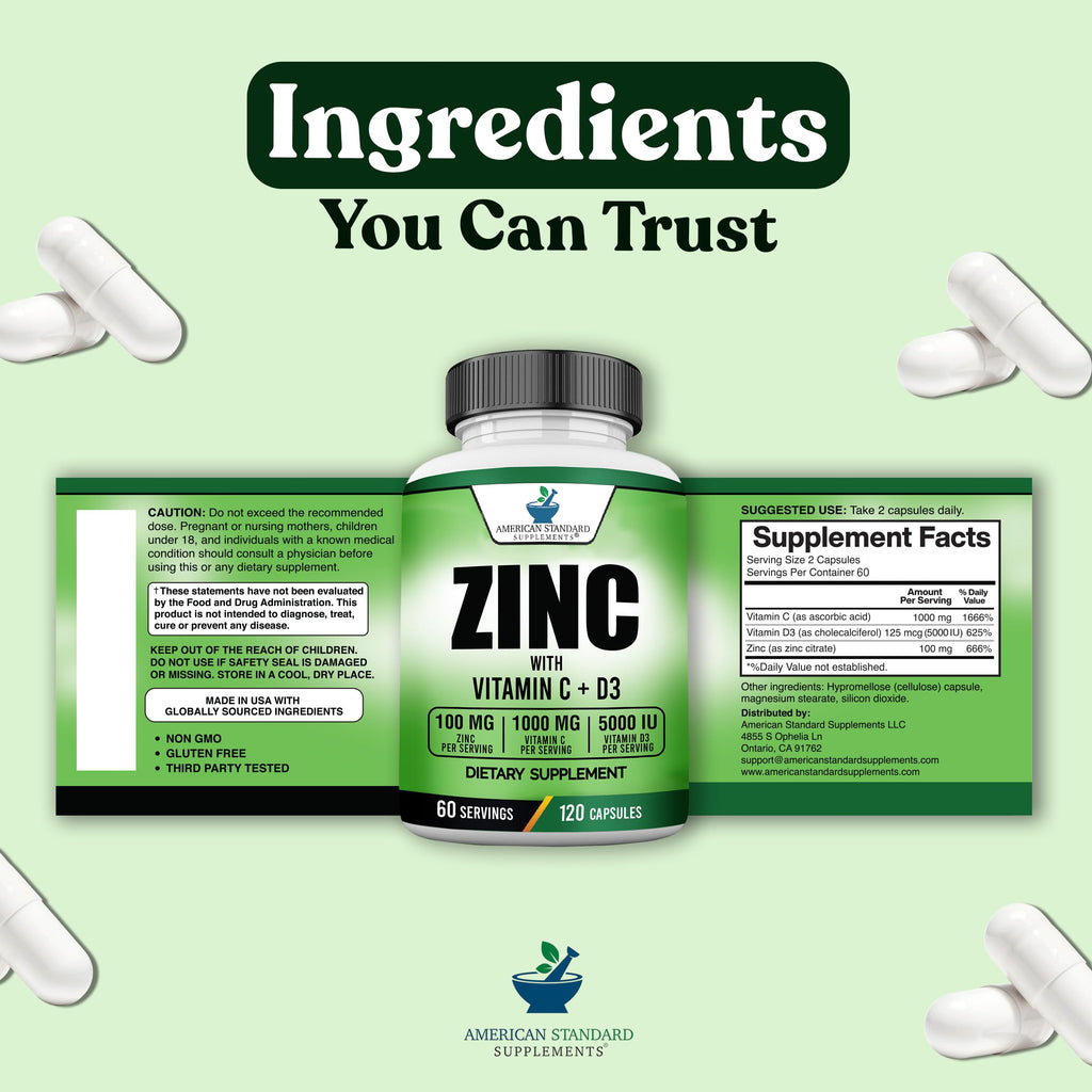 American Standard Supplements Zinc 100mg Vitamin C 1000mg - 120 Capsules - image 8