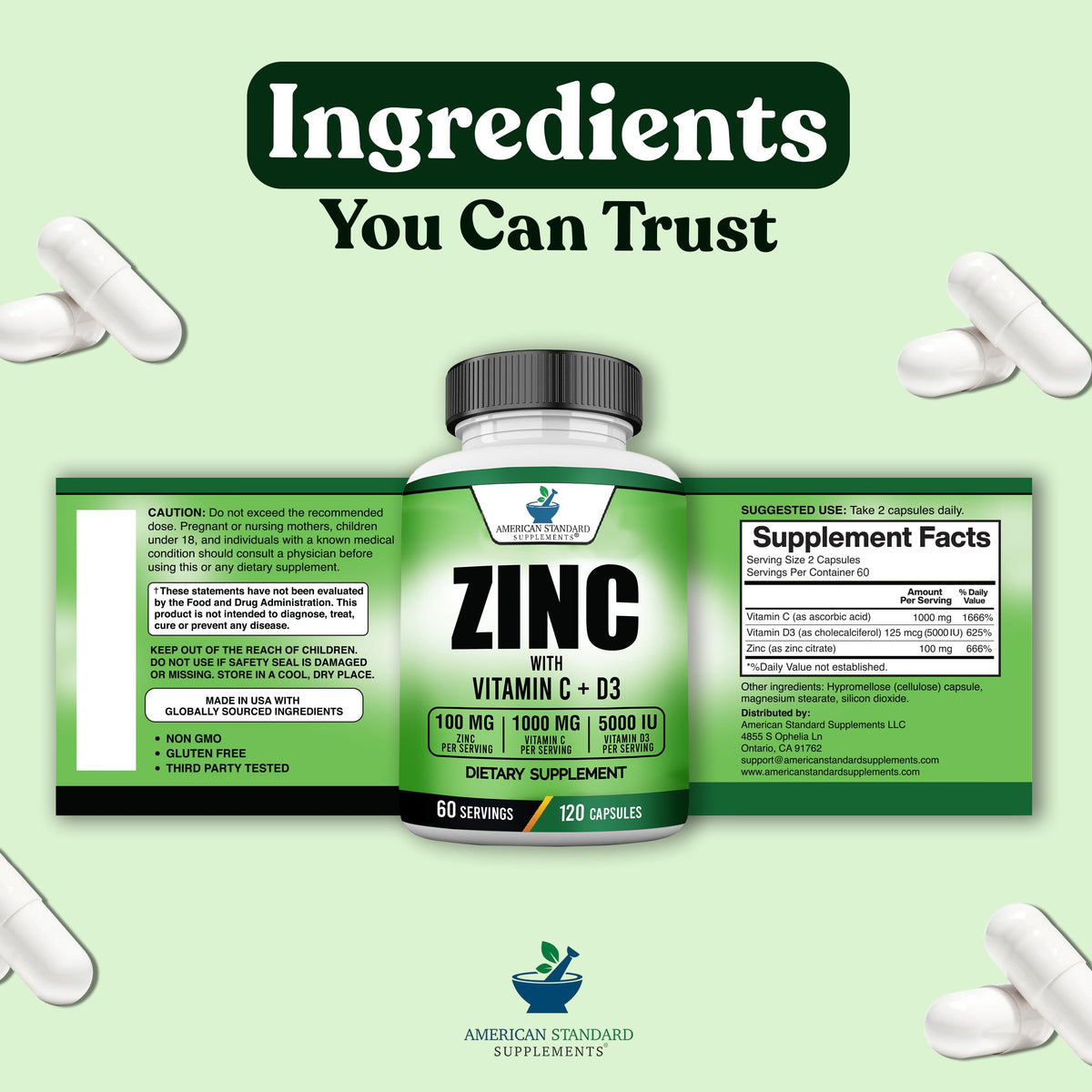 American Standard Supplements Zinc 100mg Vitamin C 1000mg - 120 Capsules - image 8