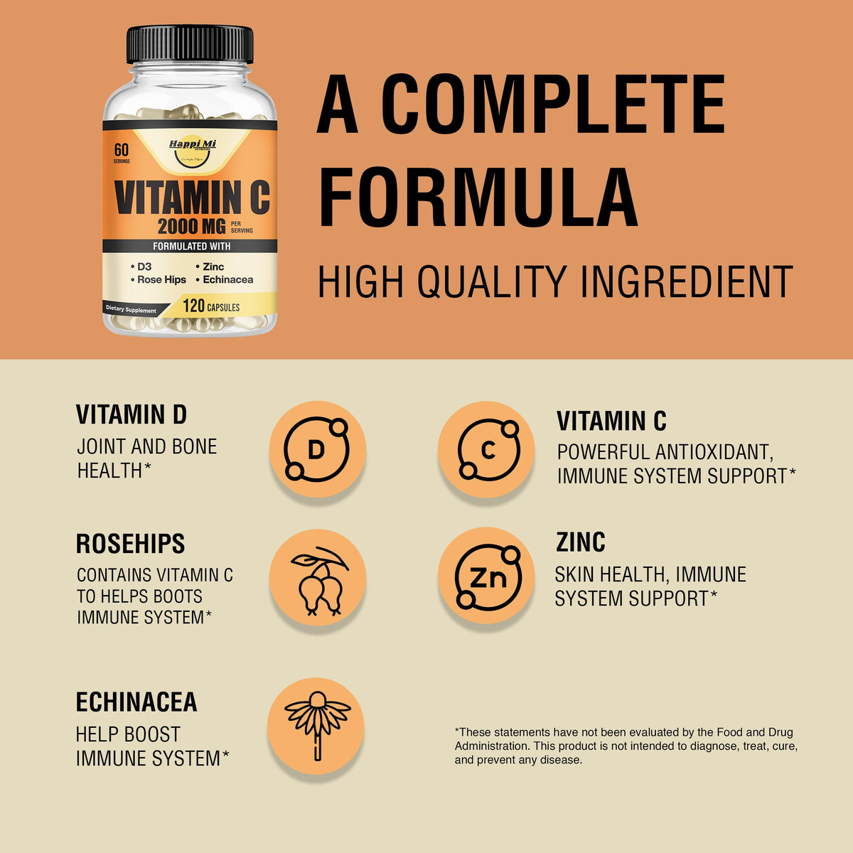 Happi Mi Nutrition Vitamin C 2000mg with Zinc & Vitamin D3 - 120 Capsules - image 4