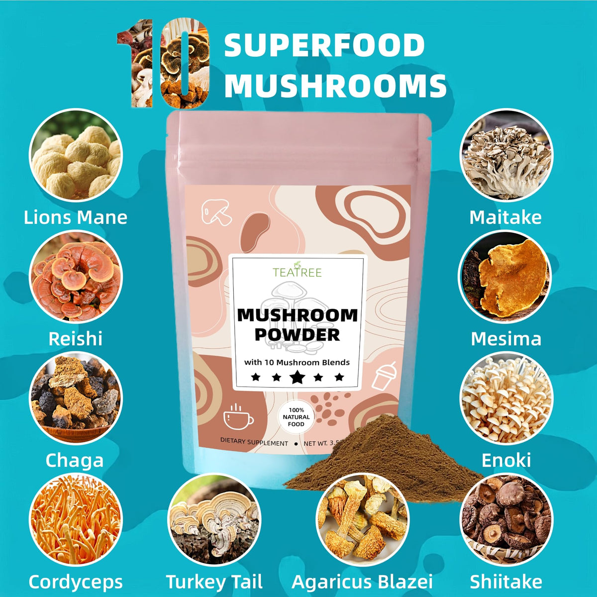 10 Mushrooms Powder, Mushroom Supplement Blend for Coffee, Beverages & Smoothies, Natural Focus, Energy & Immune Support Supplement - 3.53 oz / 100g