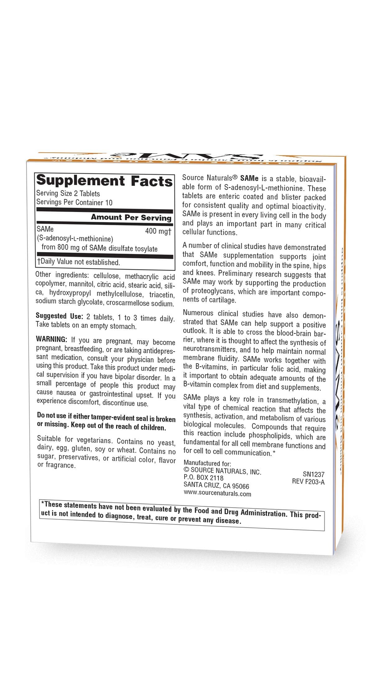 Source Naturals SAMe 400 mg - 20 Enteric Coated Tablets - image 2