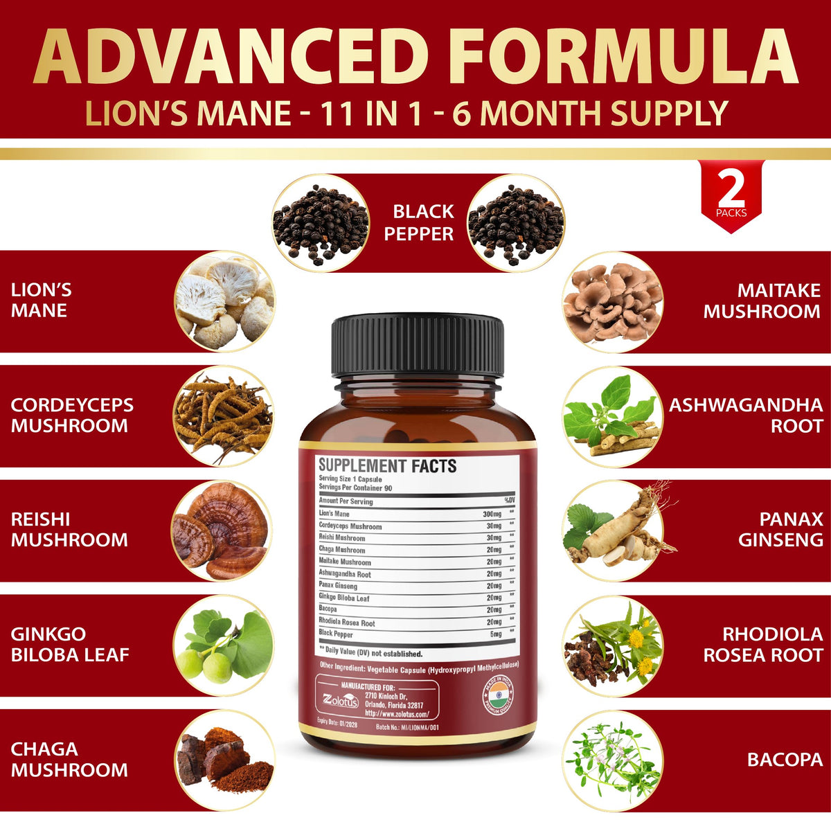 Zolotus Lions Mane Mushroom Supplement with Cordyceps - 180 Capsules - image 4