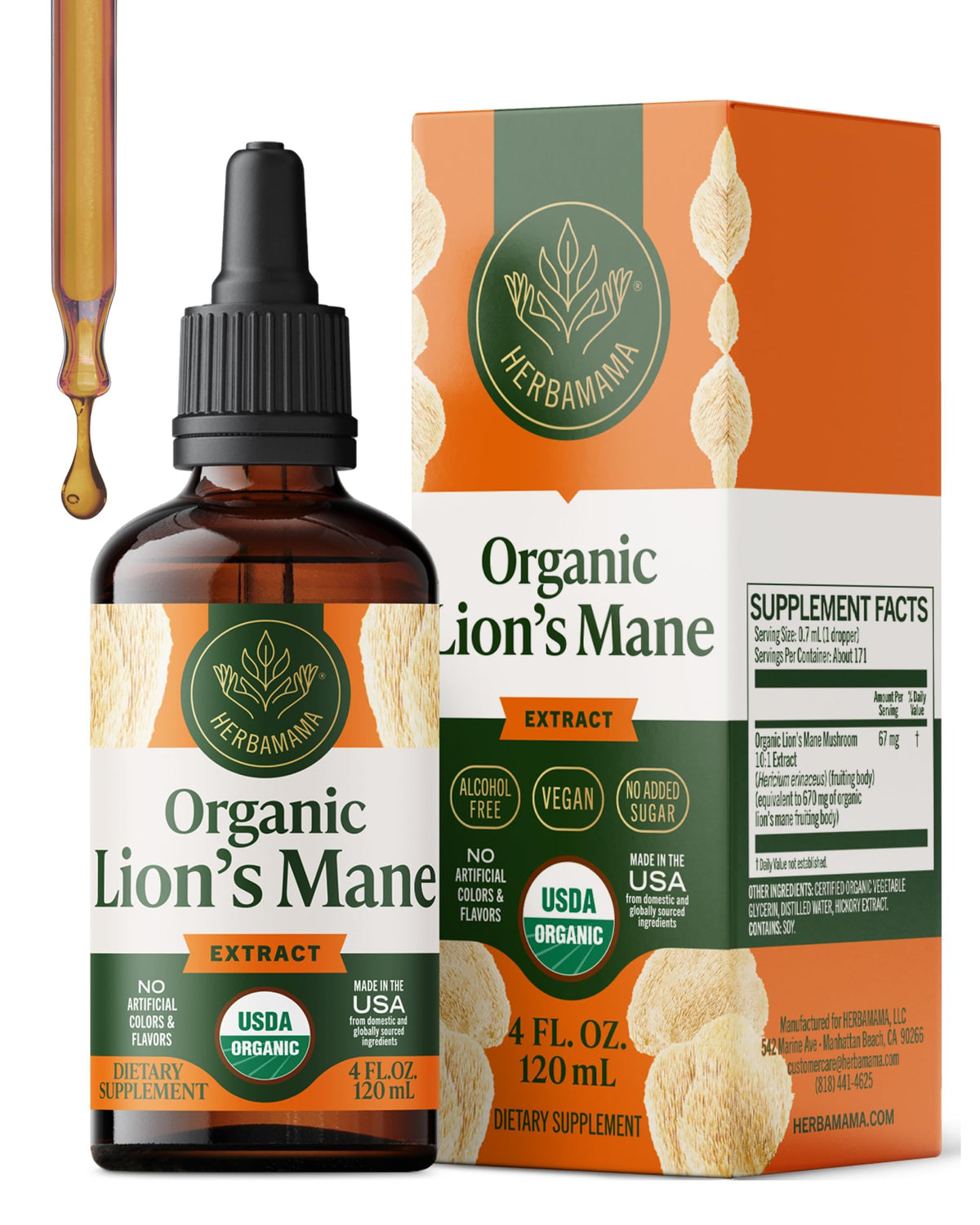 HERBAMAMA USDA Organic Lion's Mane Tincture Brain Supplement - 4 oz