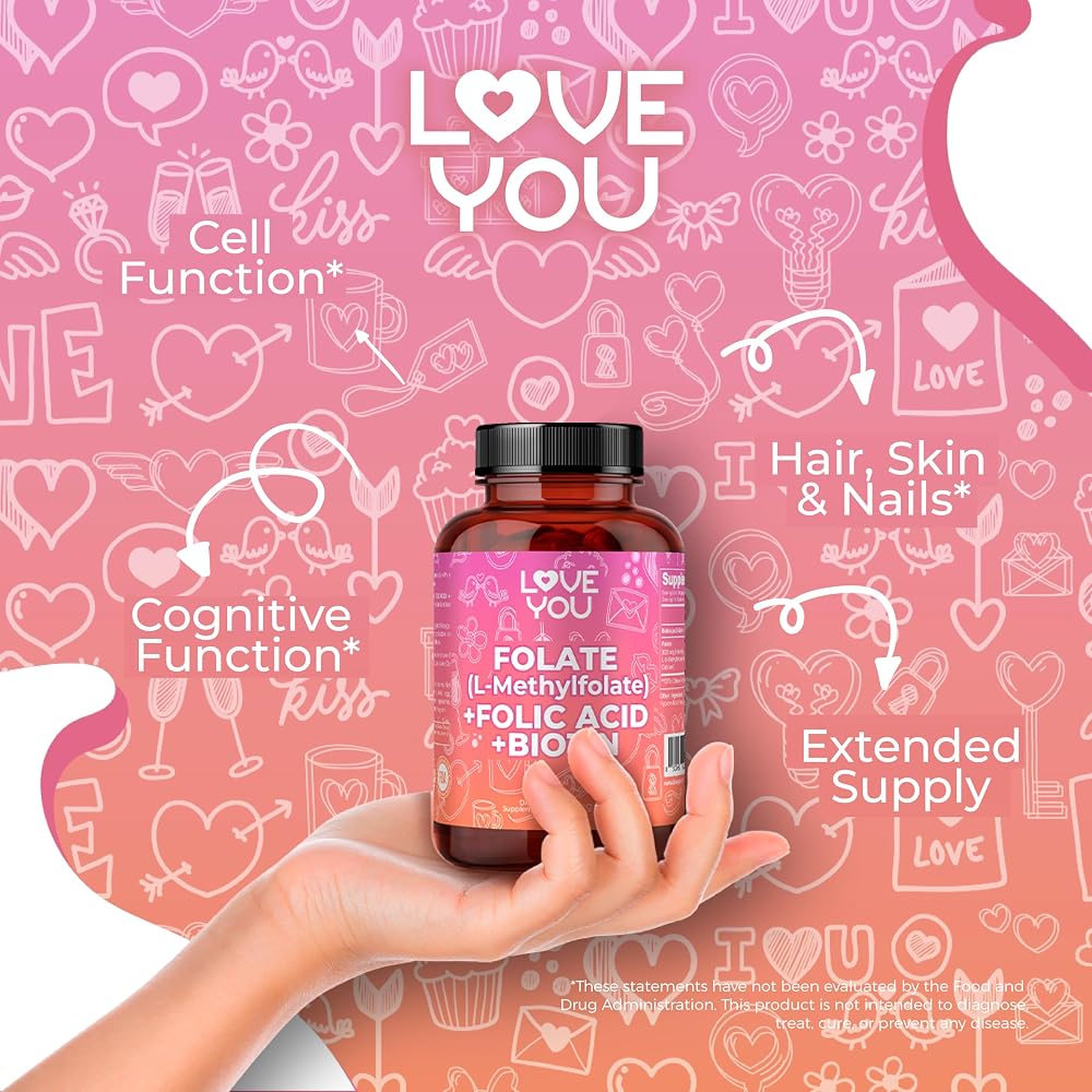 Love You Folate L-Methylfolate + Biotin 10,000 mcg - 120 Vegan Capsules - image 4