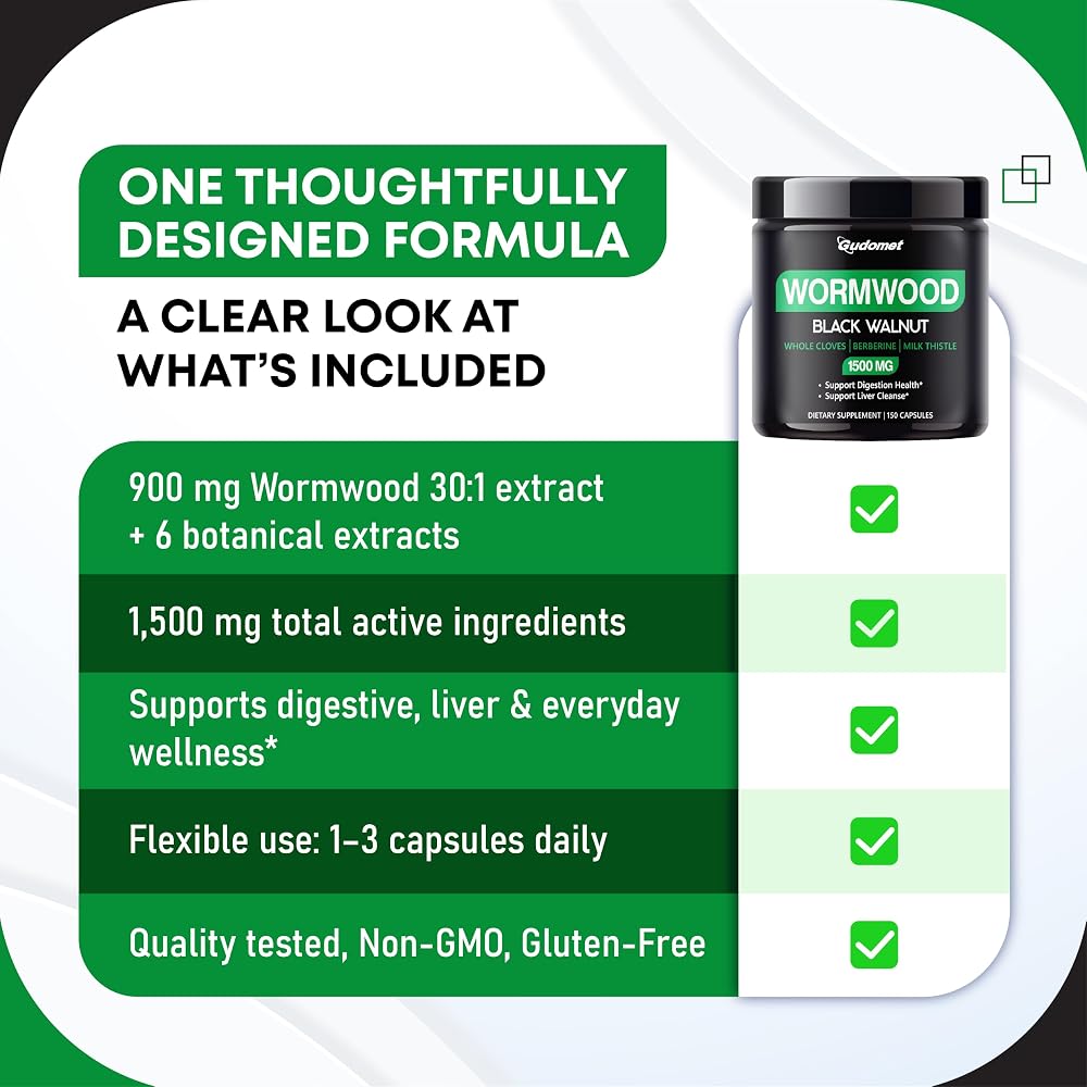 GUDOMET Wormwood Complex 1,500 mg Digestive Support - 150 Capsules - image 6