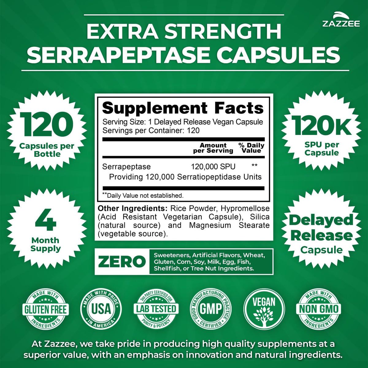 Zazzee Delayed Release Serrapeptase 120,000 SPU - 120 Capsules - image 2