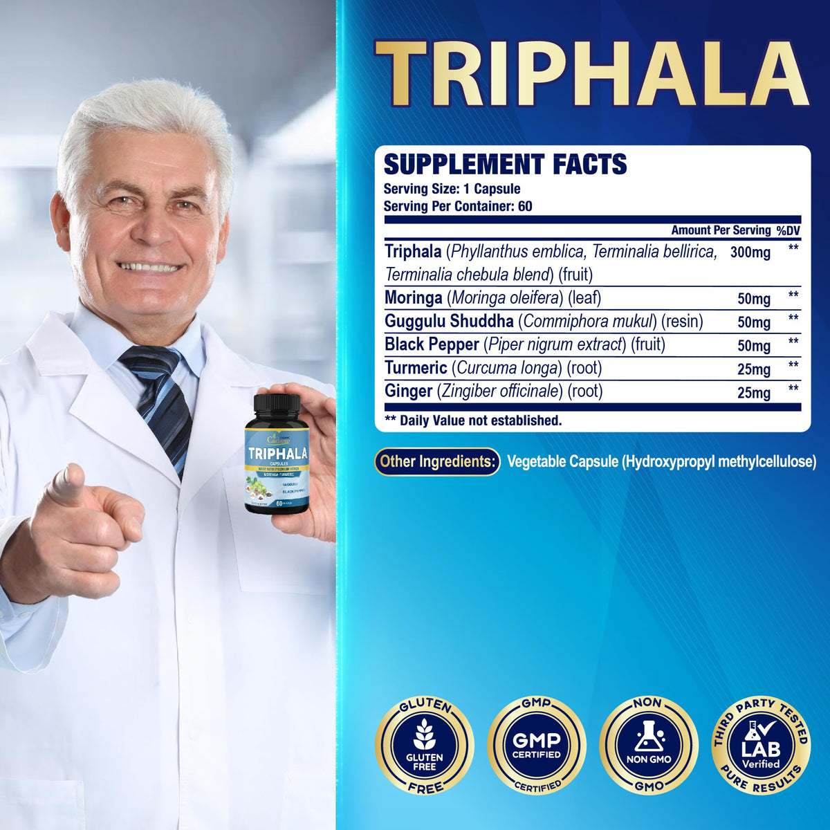 Organic Cadane Triphala Extract with Turmeric & Ginger - 60 Capsules - image 3