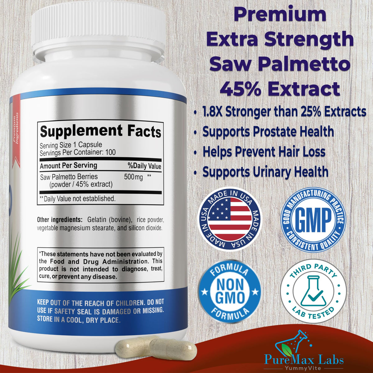YUMMYVITE Extra Strength Saw Palmetto 45% Extract - 100 Capsules - image 2