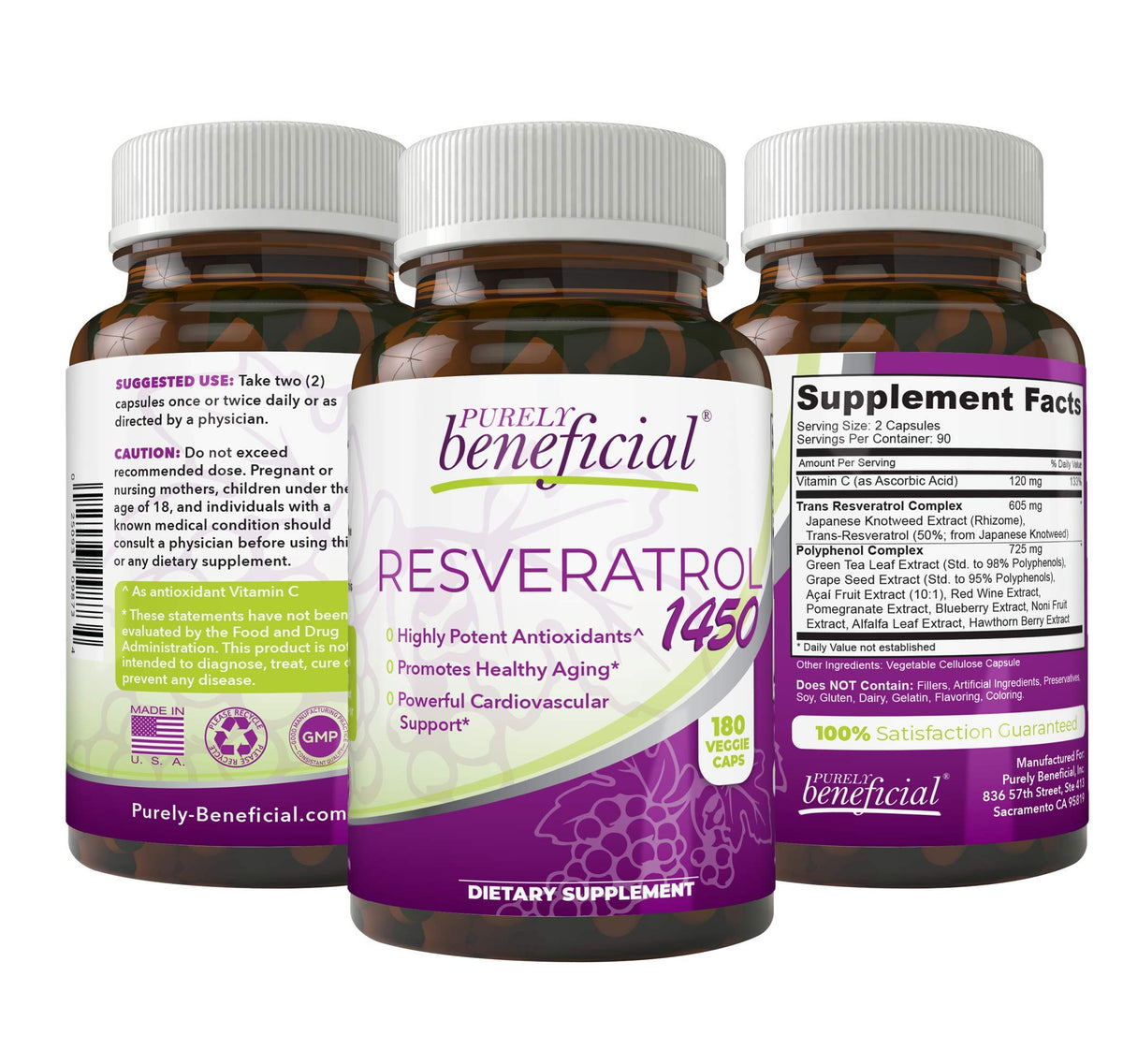 PURELY beneficial Resveratrol 1450mg Antioxidant - 180 Capsules