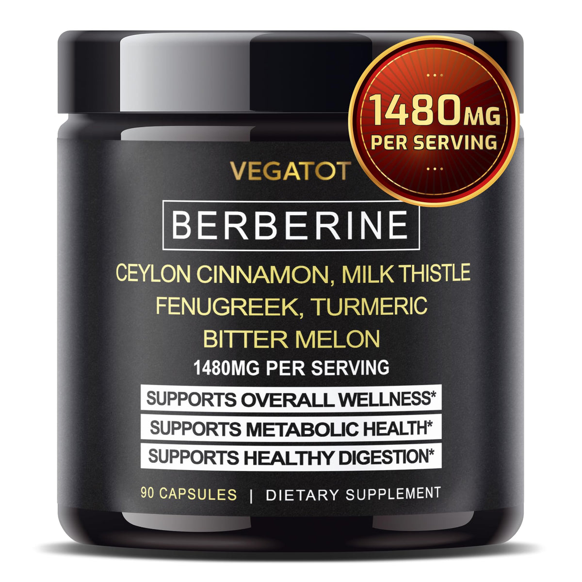 VEGATOT Berberine 1480 mg with Ceylon Cinnamon - 90 Capsules
